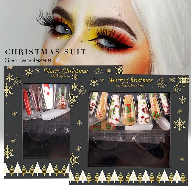 

24 шт. рождественские накладные ногти с 1 парой накладных ресниц 3D разных цветов полное покрытие накладной Маникюр Сделай Сам макияж глаз экс...