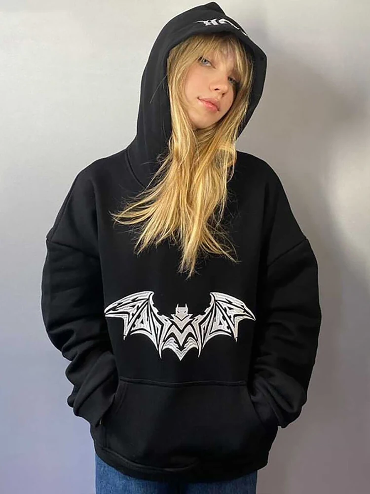 

2022 Dark Bat Graphic Mall Gothic Aesthetic Sweatshirts Grunge Black Cyber Y2k Loose Women Pullovers Hooded Kangaroo Pockets Top