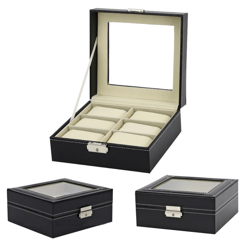 Double Row 6 Bits Black Leather Watch Box Clock Jewelry Travel Box Display Gift Box Glass Sunroof