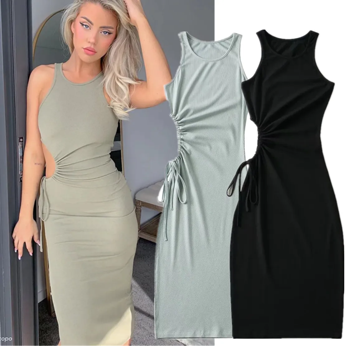 

Maxdutti 2023 Ins Fashion Blogger Sexy Bandage Sheath Knitted Dress Women Hollow Out Tank Dress