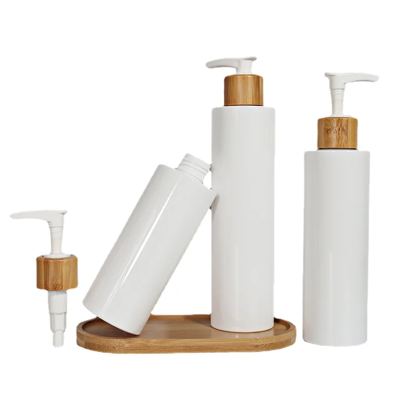 

Wholesale 5pcs 200ml 250ml 300ml shampoo white plastic lotion bottles with bamboo pump lids containers 500ml 100ml 120ml