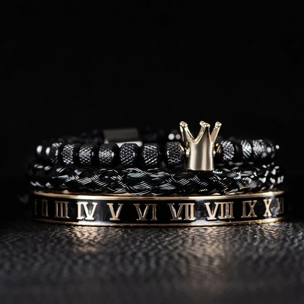 

Vintage Hip-hop Bracelet for Men Beaded Pearl Black Gold Drop Polished Crown Roman Digital High-end Twists Bracelet Set