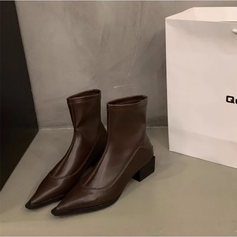 

Autumn/Winter Pointed Short Boots Women's New Style Woman's Thick Heel Black Elastic Thin Boots Female's Naked Boot High Heels