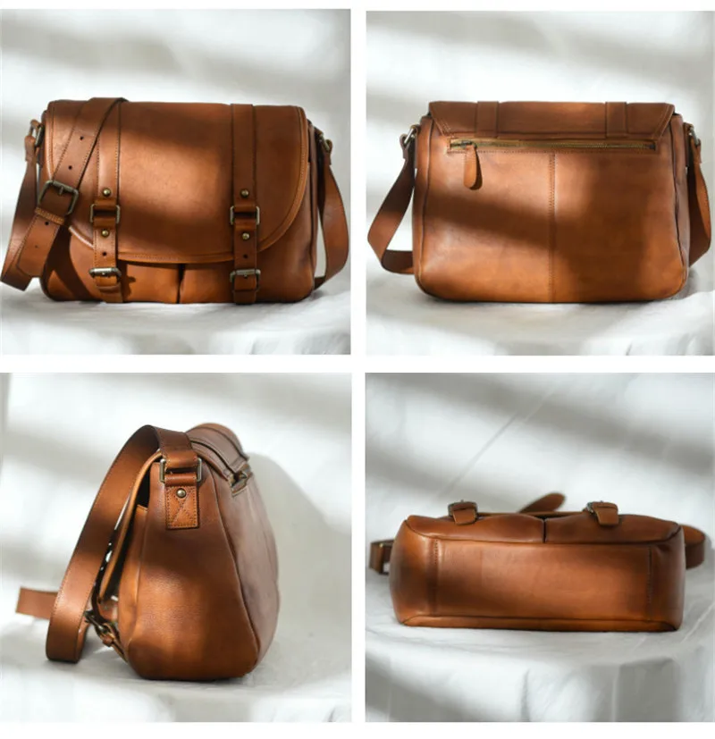 Fashion vintage luxury designer genuine leather men messenger bag daily outdoor weekend work flat real cowhide shoulder bag
