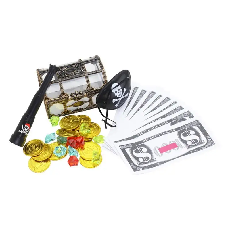 

Pirate Treasure Kit Kids Treasure Hunt Toy 36PCS Pirate Party Toys With Treasure Box Gold Coins Binocular Gems Cosplay Props For