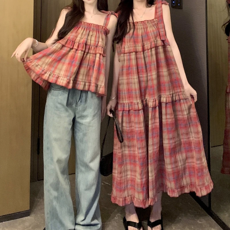 Женское винтажное платье в клетку Mori Girl красное повседневное свободное пляжное