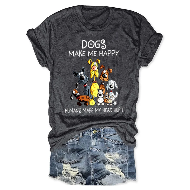 

Хлопковая футболка с круглым вырезом, с принтом собаки, делает меня счастливым человеком