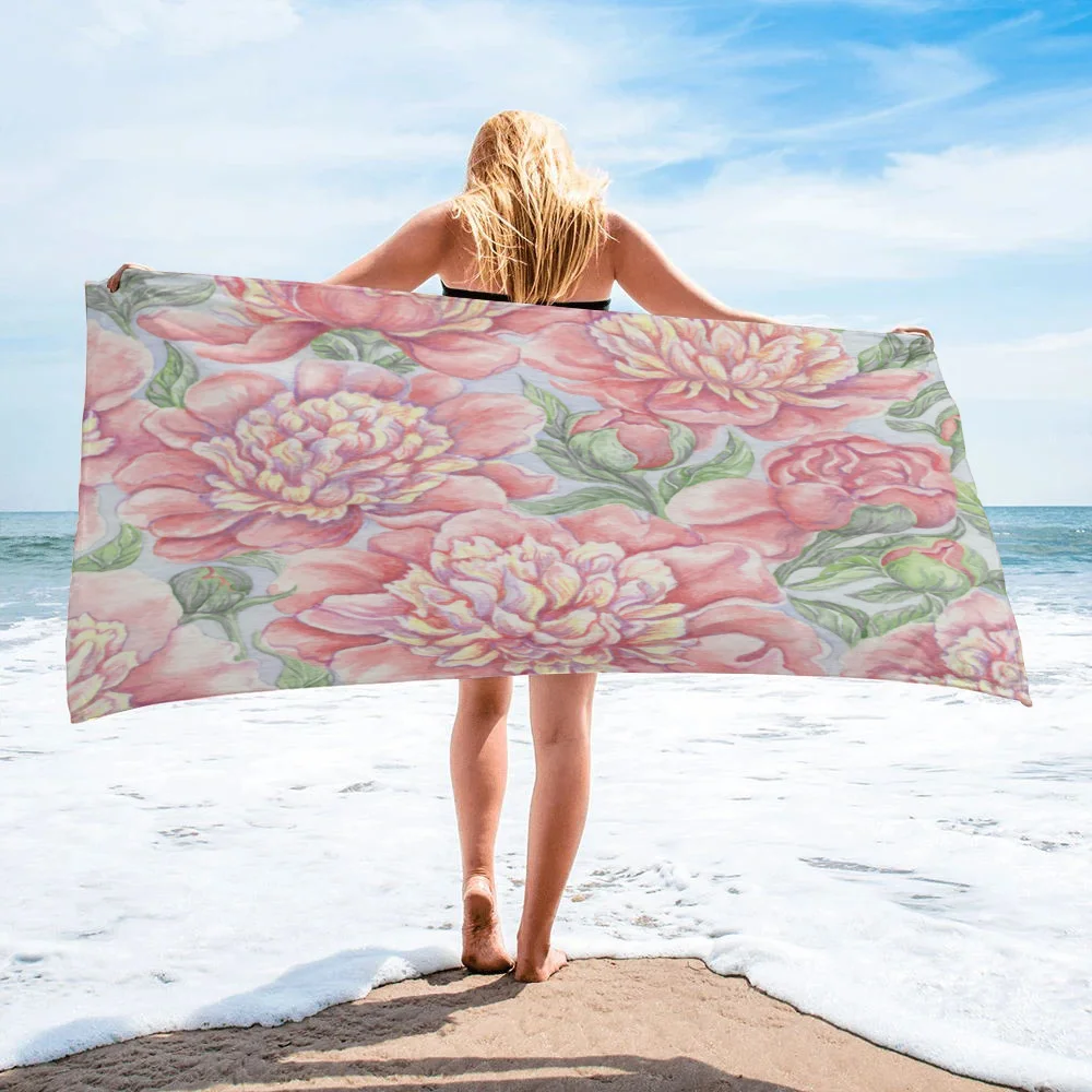 

Pink Peony Flower Watercolor Painting Bath Towel Bathroom Microfiber Shower Towel Outdoor Travel Swim Quick Dry Beach Towel