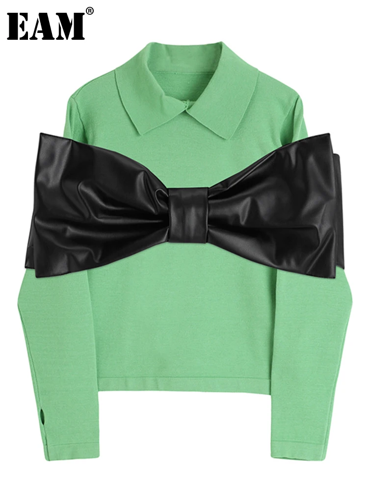 

[EAM] женская зеленая трикотажная Винтажная футболка из искусственной кожи с бантом, новая модная весенне-осенняя футболка с отворотом и длин...