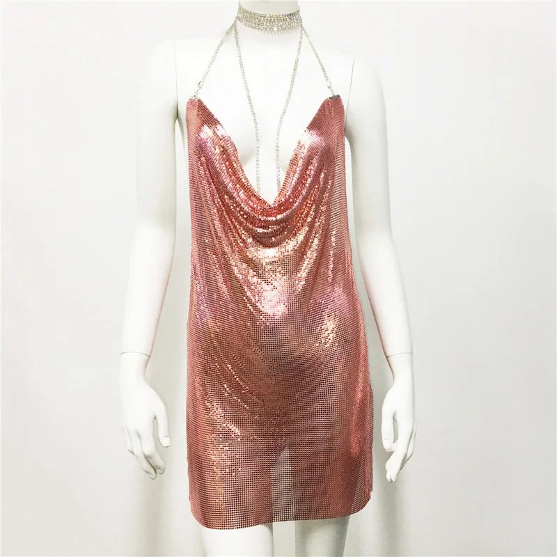 

2023 Explosive Style European and American Dress Metal Sequins Sexy Sweet and Spicy Feng Shui Diamond Suspender Dress for Women
