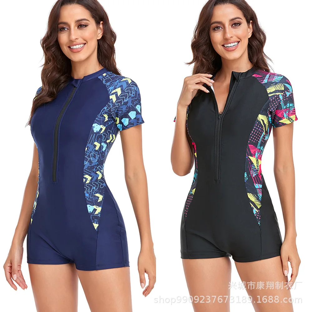 

2023 Summer Women Short Sleeve Bikini Set Ladies Padded Zipper One Piece Swimsuit Women Swimwear
