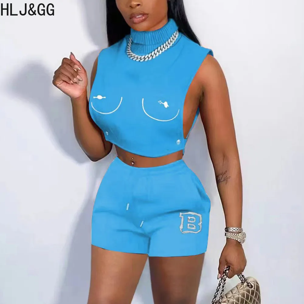 

HLJ&GG Summer Printing Sleeveless Crop Top And Shorts Two Piece Sets Casual Half High Collar Side Hollow Out Outfits Clothing