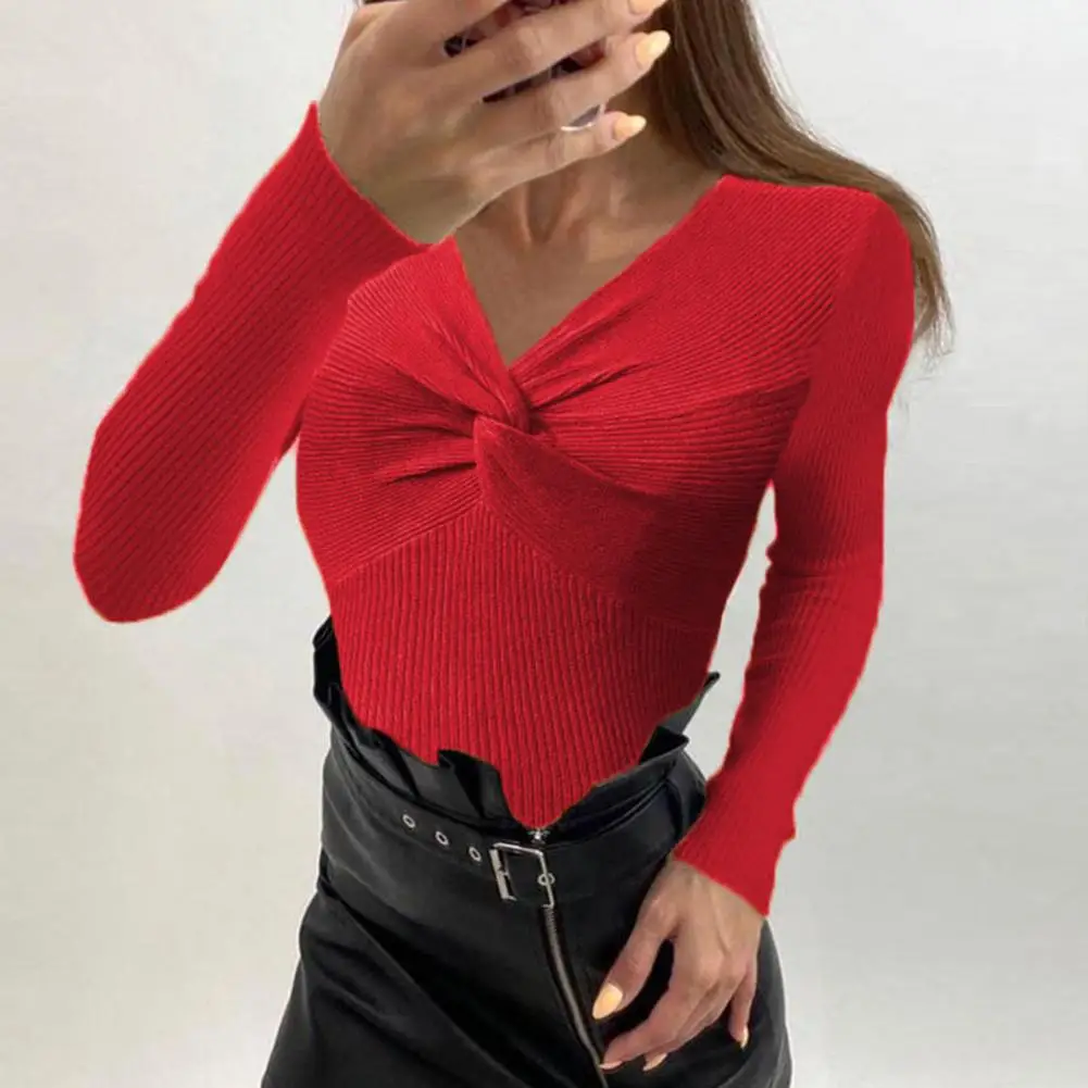 

sweaters V Neck Long Sleeves Cross Knotted Elastic Knitted Blouse Autumn Winter Solid Color Skinny Pullover Knitwear sweater