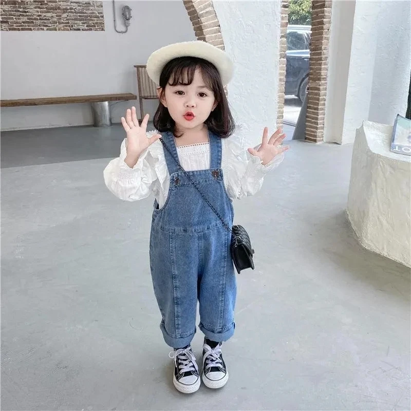 

Baby Girls Temperament Loose Wide Leg Suspender Jeans Fashion All Match Children Outer Wear Jeans Girls' High Waist Ninth Pants