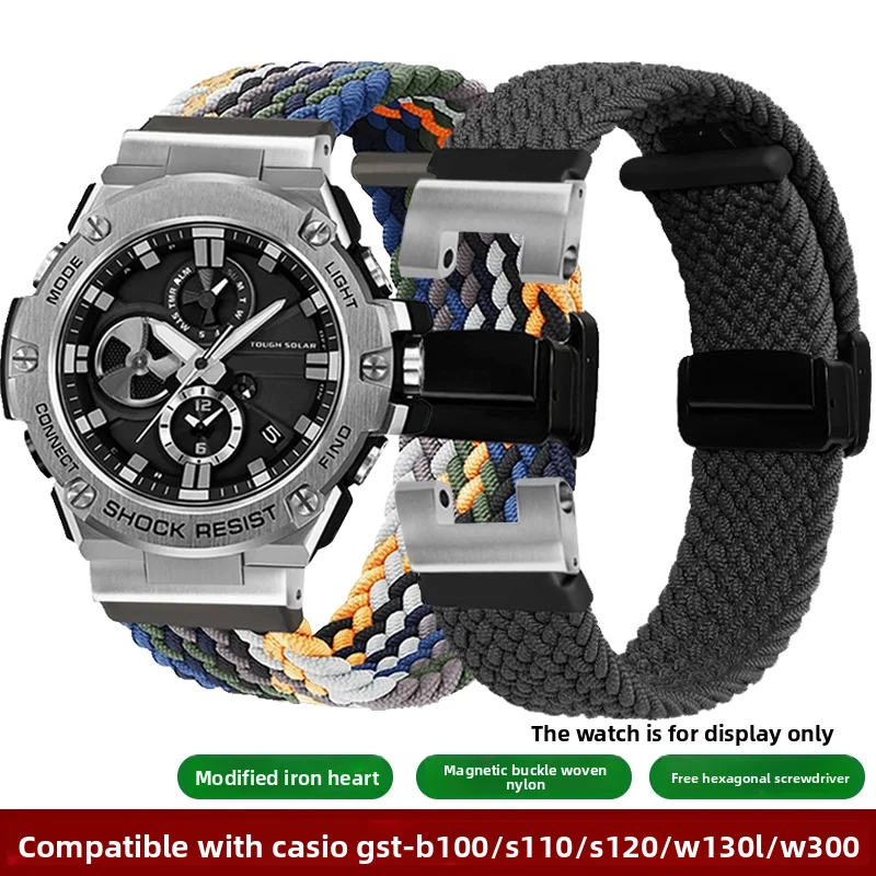 Фото Для Casio G-SHOCK ST-B100/W120L/S16L/W300G/W110/W330 410, эластичный плетеный нейлоновый холст, ремешок для часов с магнитной застежкой №1