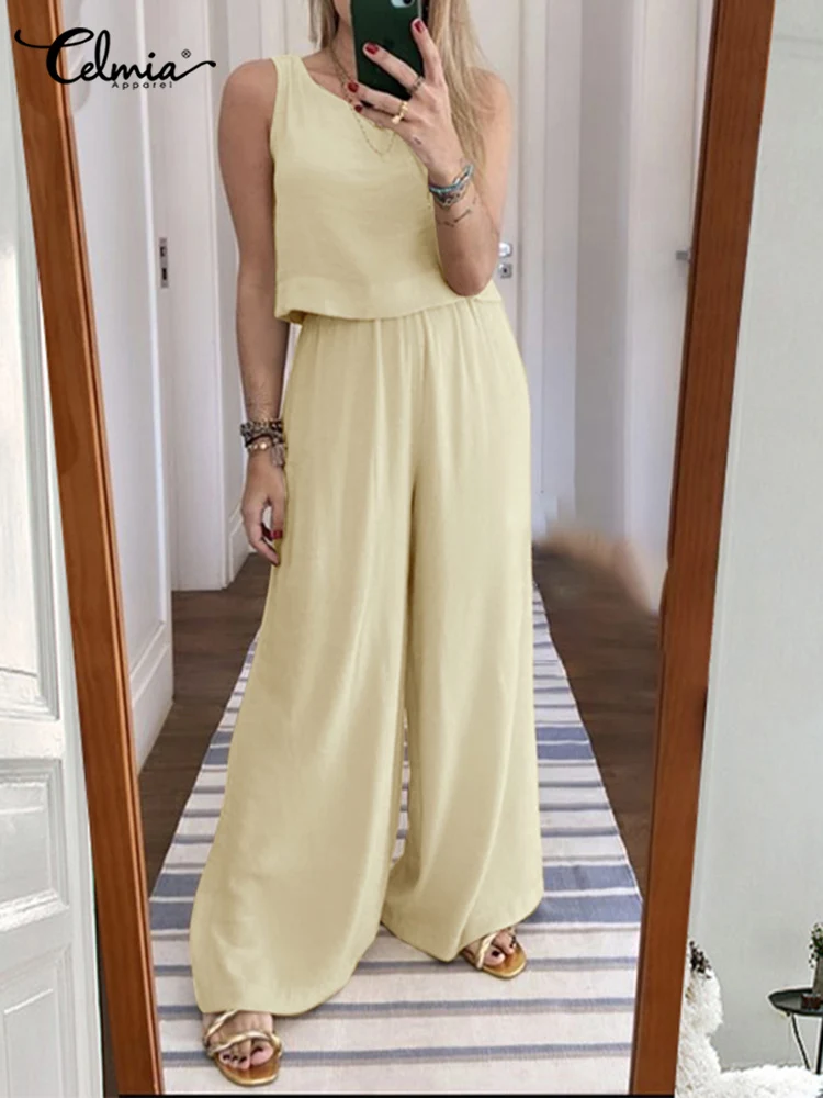 

Celmia Summer Women Set Everyday Casual Loose O Neck Sleeveless Short Tops and Baggy Pants Solid Color Pant Sets 2 Piece Outfits