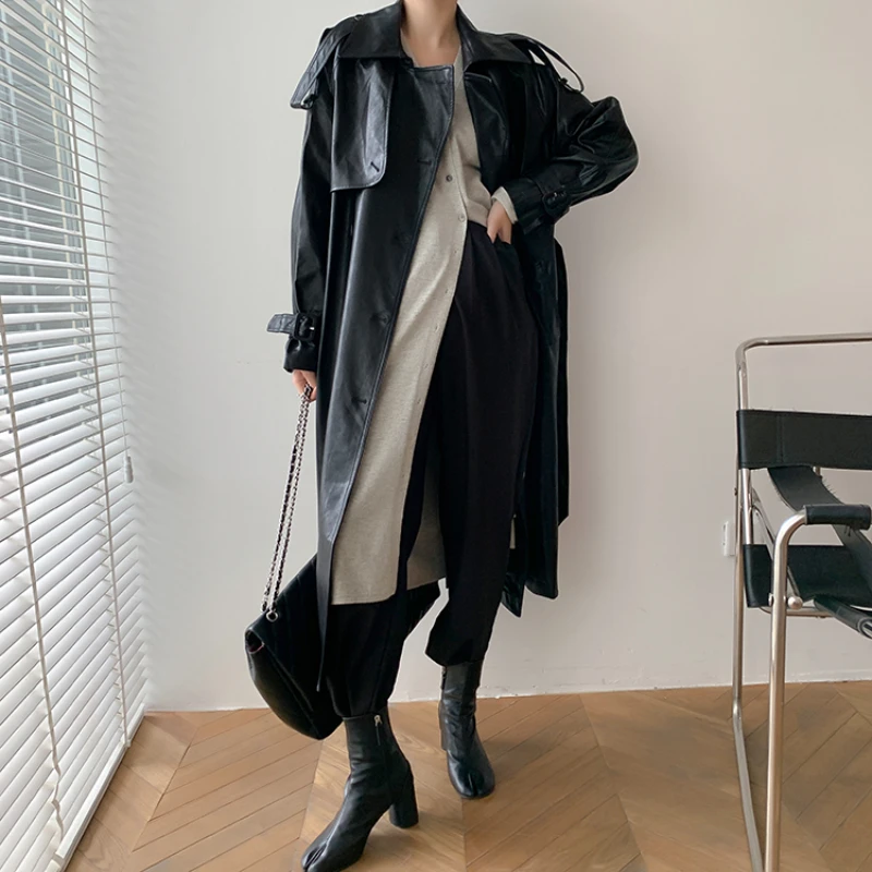 

Runway Designer 2021 Fall /Autumn leather Maxi Long Trench Coat With Belt Chic Female Windbreaker Classic