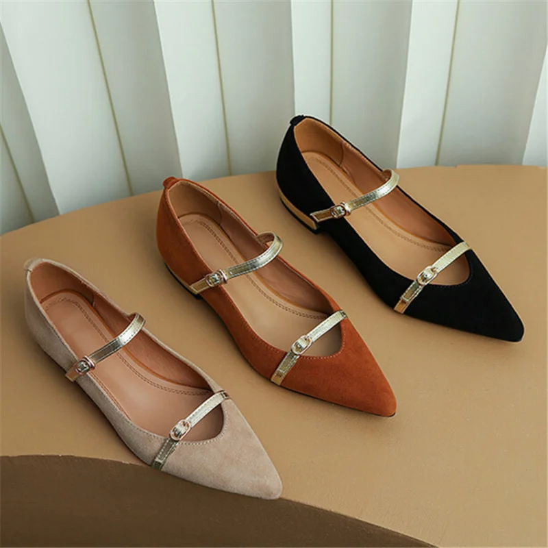 

LeShion Of Chanmeb Sheep Suede Mary Jane Flats Women Double Buckle Strap Pointy Toe Kid Suede Shoes Ladies Daily Casual Footwear