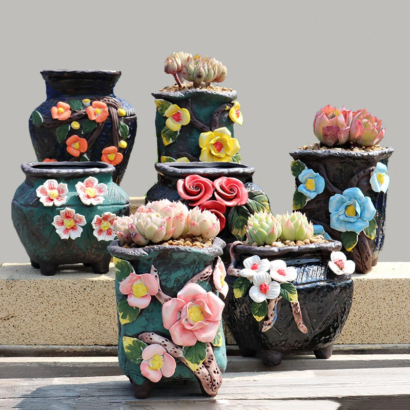 

Home Office Decoration Pot Hand-kneaded Succulent Plant Pot Korean Painted Desktop Decoration Green Plant Bonsai Basin Pot