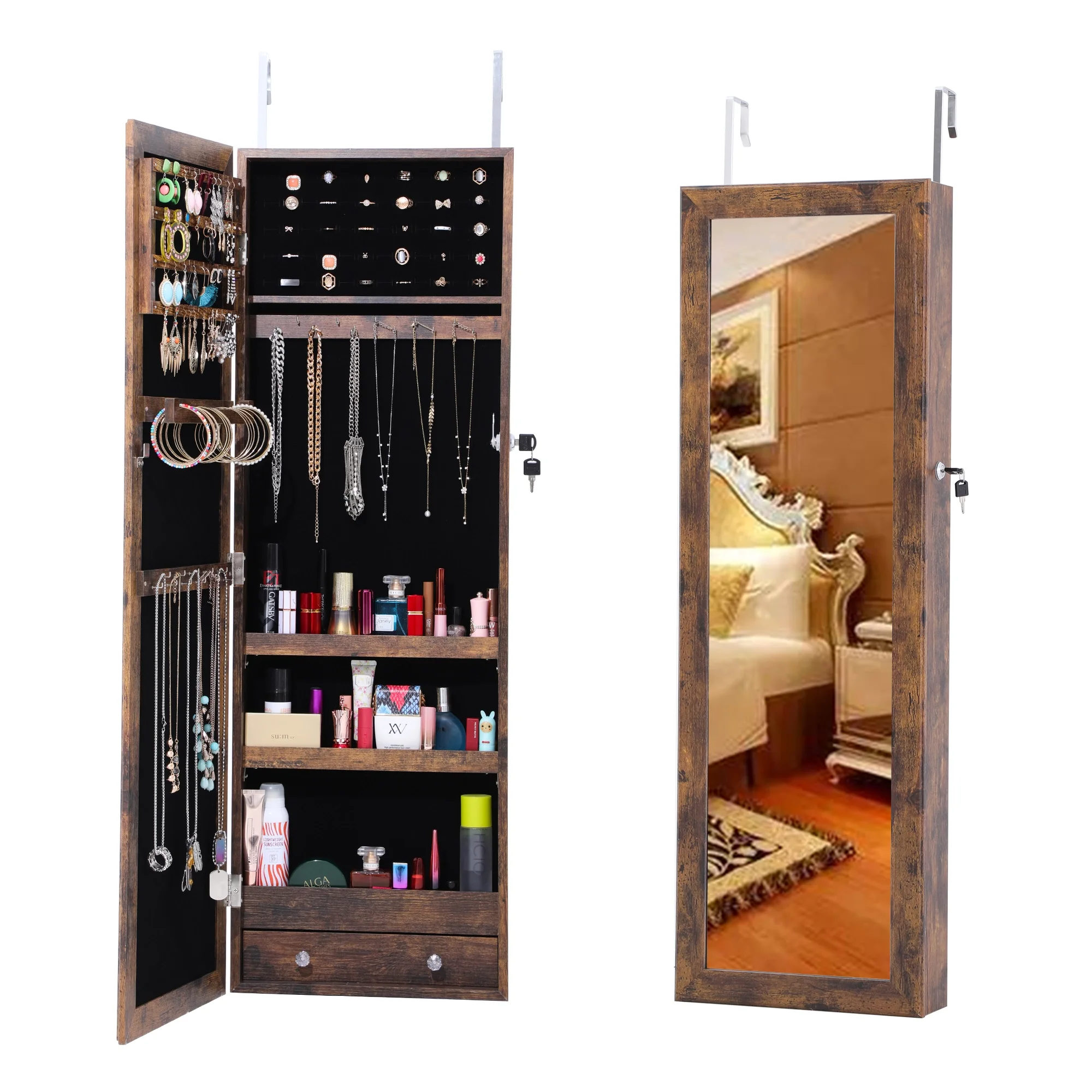 

Fashion Simple Jewelry Storage Mirror Cabinet Can Be Hung On The Door Or Wall RT