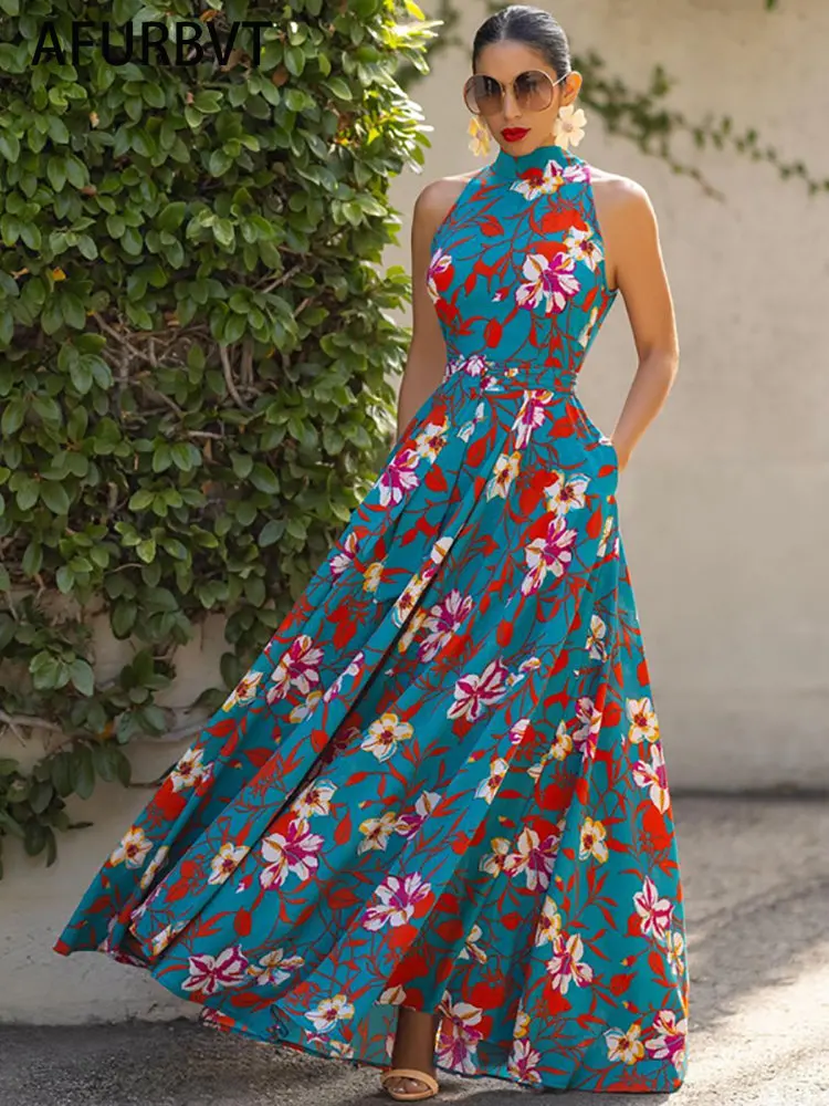 

Летнее Длинное Платье в стиле бохо с цветочным принтом, женское элегантное платье макси без рукавов с лямкой на шее, весенние платья с открытой спиной, синие платья с вырезами