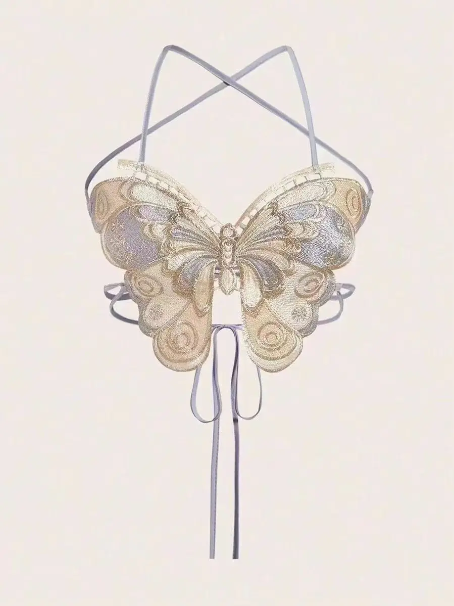 Женский укороченный топ без рукавов с вышивкой бабочки