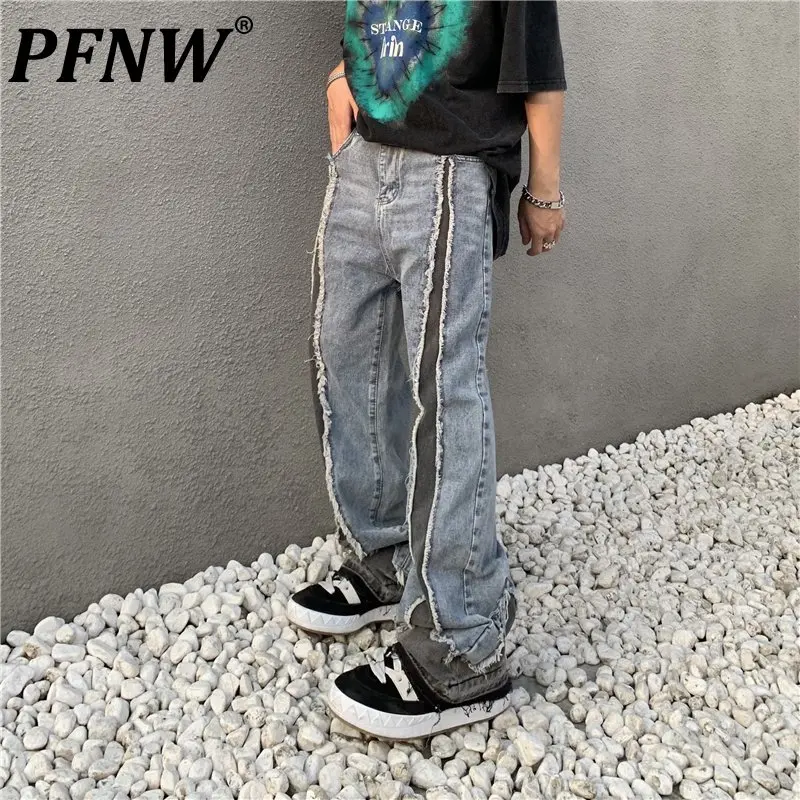 

PFNW Spring Autumn Men's Patchwork Straight Jeans Fashion Washed Loose Wide Leg Casual Vintage High Street Denim Pants 12A7589