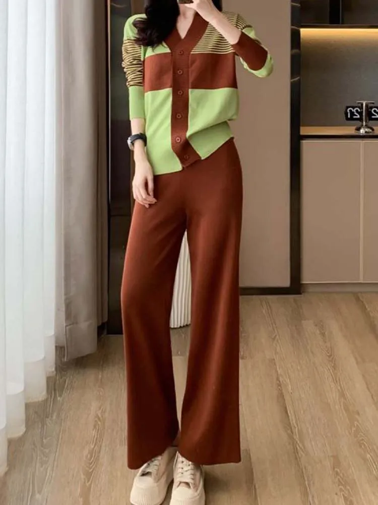 

Casual Knitting Set V-Neck Single Breasted Cardigan+Wide Leg Pants Two Piece Set 2023 Autumn New Korean Fashion Women'S Clothing