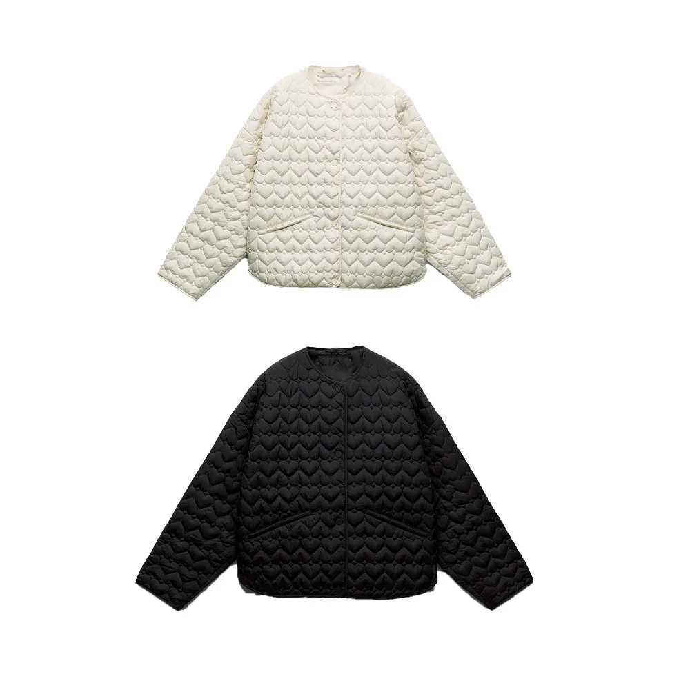 

2023 autumn new all-match fashion single-breasted round neck long-sleeved heart-shaped quilted cotton loose coat for women