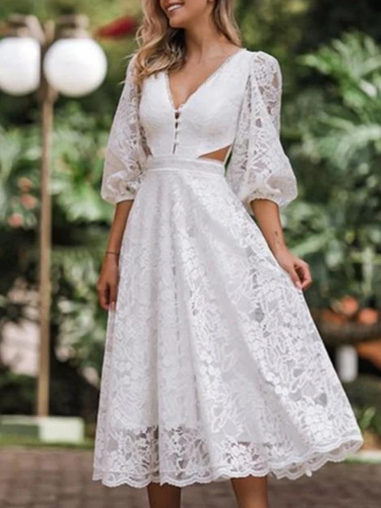 

Spring Summer Embroidery Flower Lace Crochet Dress Women Elegant V Neck Buttons Hollow Out Dress Lantern Sleeve Long Party Dress