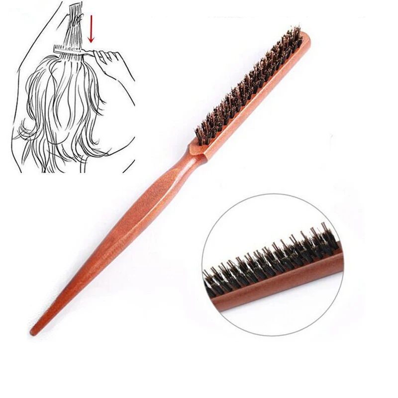 

Hot Professional Salon Wood Handle Natural Boar Bristle Hair Brush Fluffy Comb Slim Line Comb Hairbrush Hairdressing Barber Tool
