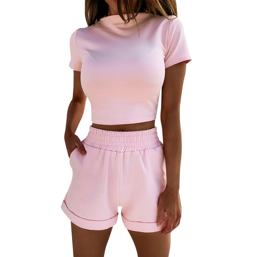 

Summer Tracksuit Women Casual Two Piece Set Sexy Shorts And Top Set Pockets Crop Tops Women Suit High Waist Sports Suit Female