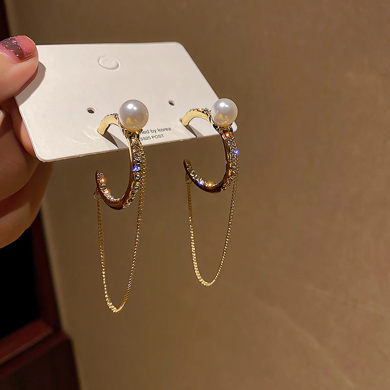 

Advanced Design Circle Pearl Inlaid Diamond Chain Earrings For Women Korean Fashion Earring Daily Birthday Party Jewelry Gifts