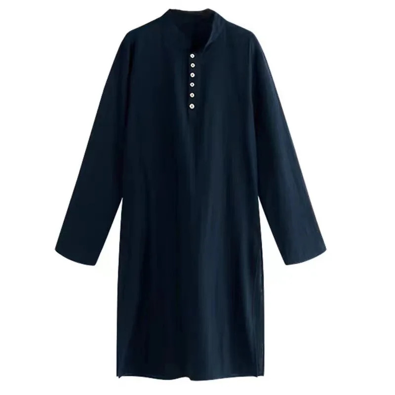 Summer Newest Arabic Style Fashion Simple Long Men's Shirt Solid Color Stand Collar Button Muslim Robe Islamic Abaya Sweater