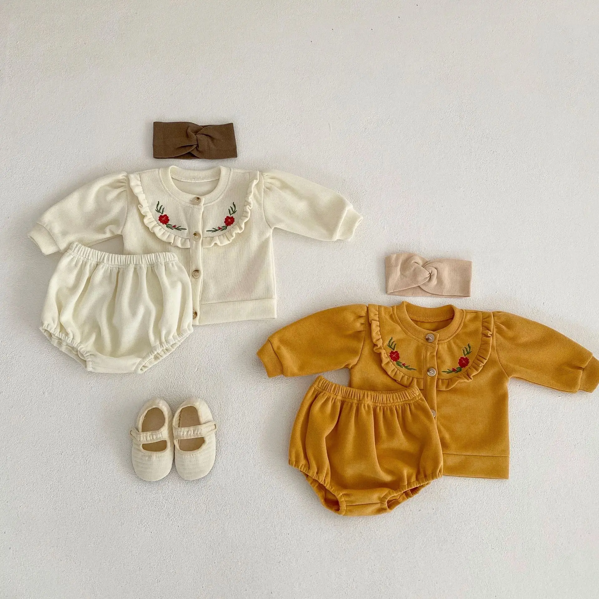 

Infant Newborn Baby Girl Spring Autumn Floral Print Embroidery Clothes Sets Long Sleeve Bodysuits + Elastic Shorts