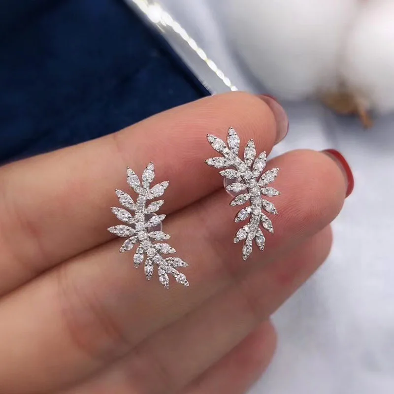 

New Trendy Leaf Earrings Silver Color Full White CZ Stone Statement for Women Party Daily Wear Jewelry Drop Ship