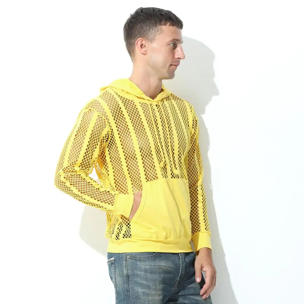 Мужская одежда сексуальные полые сетчатые топы толстовки с капюшоном прозрачная
