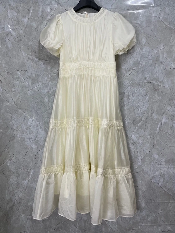 

2022 new women fashion round neck back zipper bubble short sleeve lotus leaf hem Tencel maxi dress 054