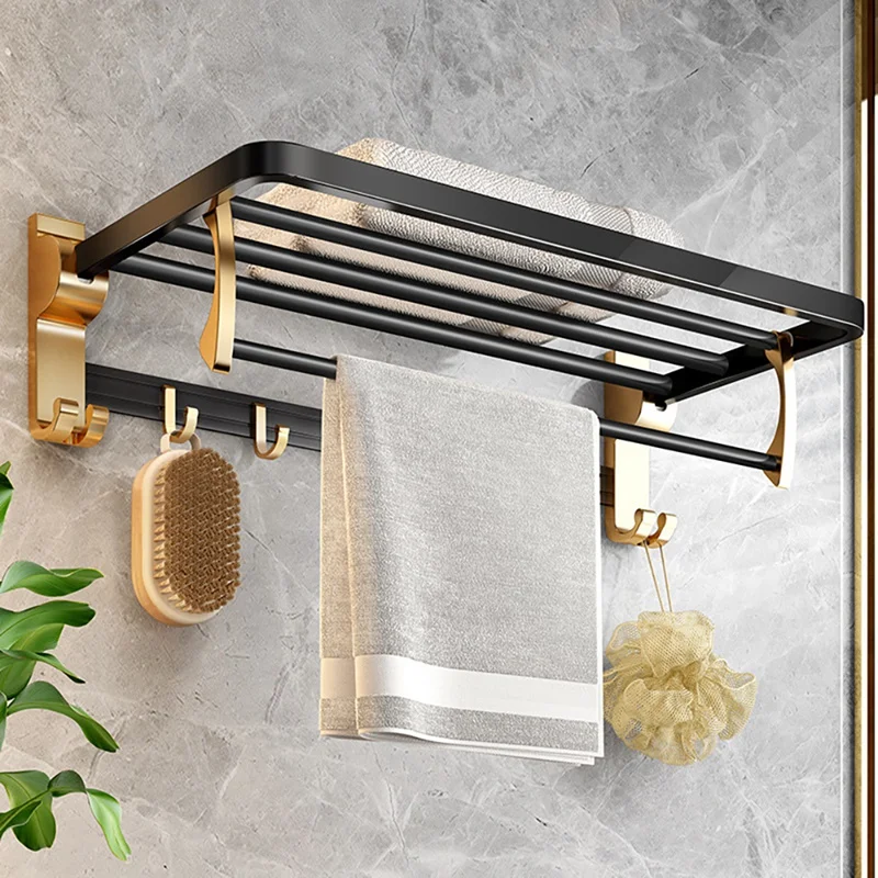

Bathroom Aluminum Towel Rack Punch-Free Folding Movable Bath Towel Shelf Holder Bathroom Accessories
