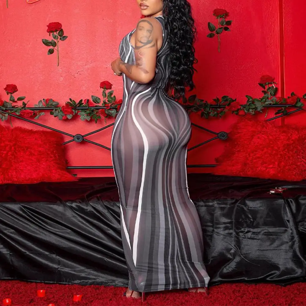 

Charming Beach Dress High-Waist Shrink Resistant Summer Dress Perspective Mesh Sexy Vest Style Long Dress