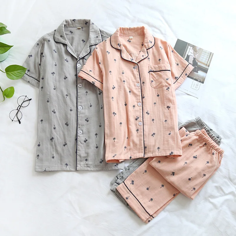 Пижамный комплект для пар хлопковый домашний костюм брюки с коротким рукавом