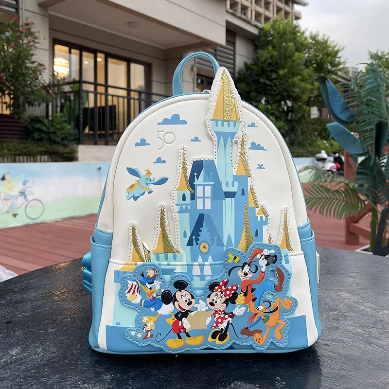 

Loungefly Disney 50th Anniversary Kawaii Backpack Mini Castle Mickey Rucksack Leather Woman's School Bag For Kid Birthday Gift