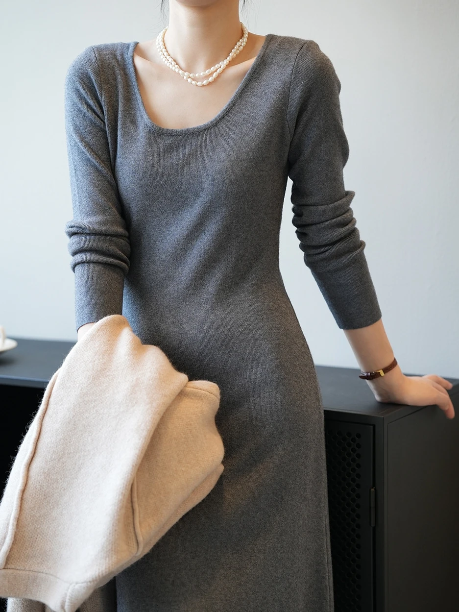 Трикотажное платье женское весенне-осеннее с французским рукавом длинными