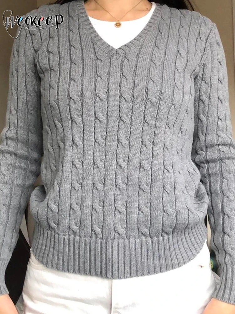 

Женский свитер с длинным рукавом Weekeep, Серый свободный трикотажный пуловер с v-образным вырезом, Осень-зима 2000s, винтажный