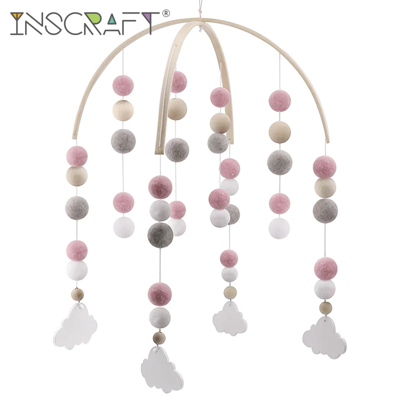 

Nordic Style Wooden Cloud Star Crib Mobile Felt Pom Pom Ceiling Ornaments for Nursery Kids Room Decor