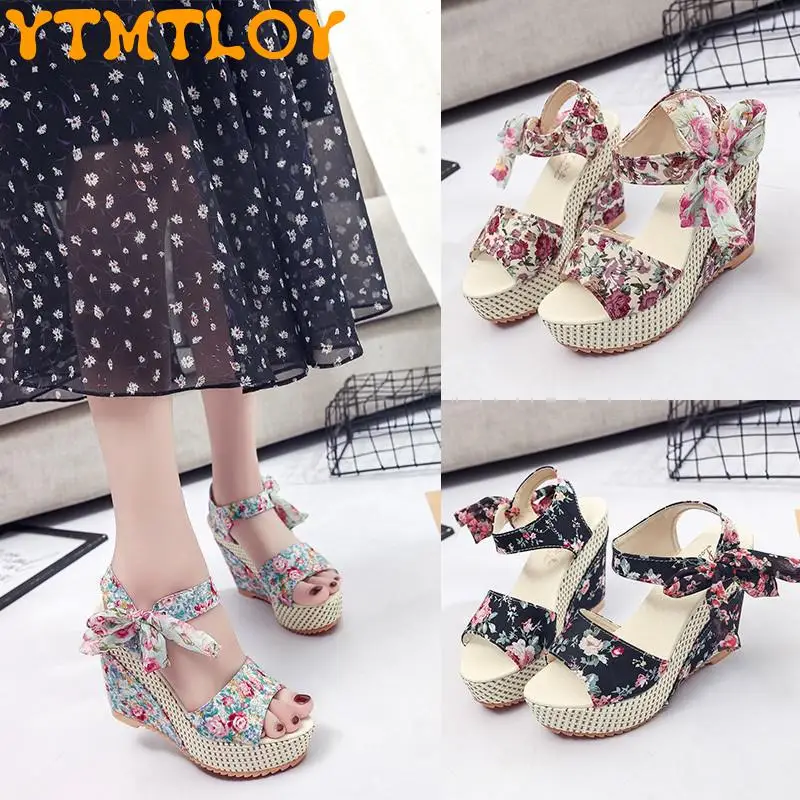 

Floral Sandals Women's Summer Waterproof Taiwan Korean Version Of The Thin Bow Super High Heel Fish Mouth Shoes Wedges Platform