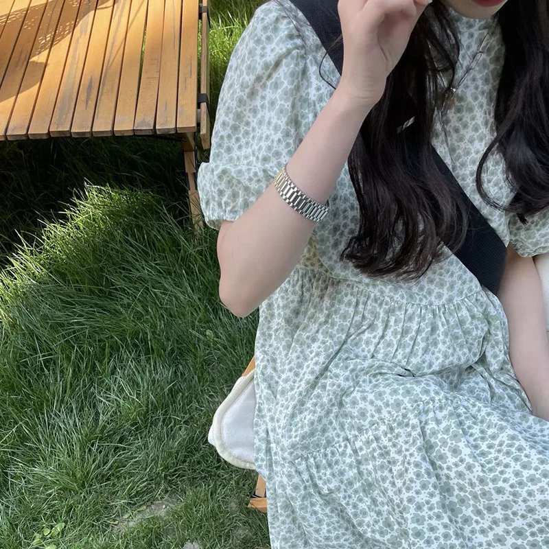 

Summer 2022 New Sweet Green Floral Puff Sleeves Fresh Loose French Dress Women