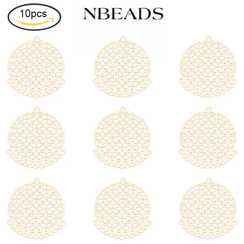 

10PC Brass Chandelier Components Links Etched Metal Embellishments Long-Lasting Plated Flat Round with Leaf