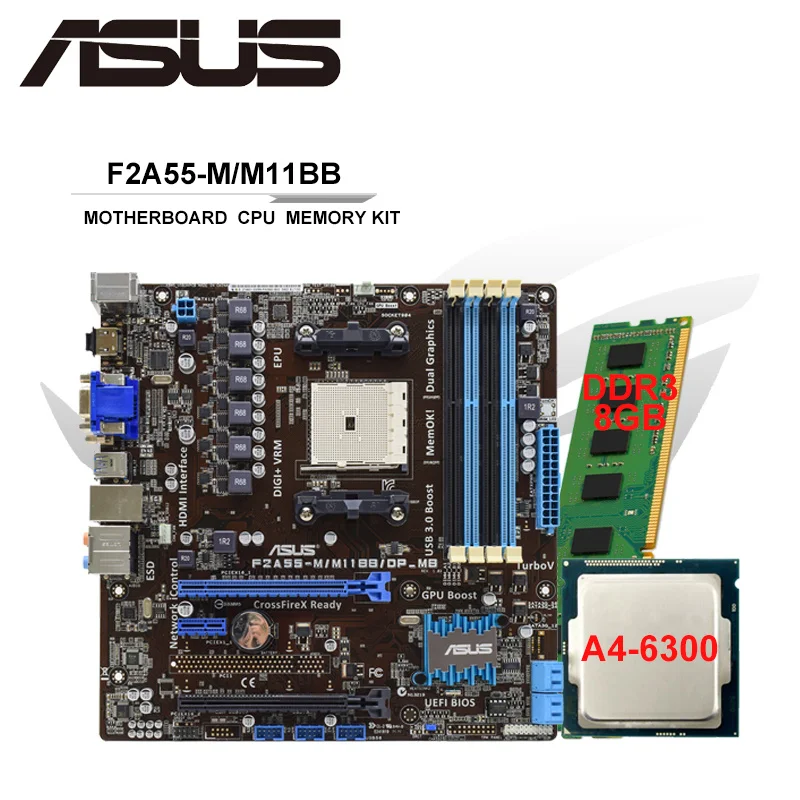 

ASUS F2A55-M/M11BB Motherboard Combo F2A55 Motherboard Set Kit With AMD A4-6300 CPU Processor 8GB DDR3 RAM Socket FM2 Mianboard