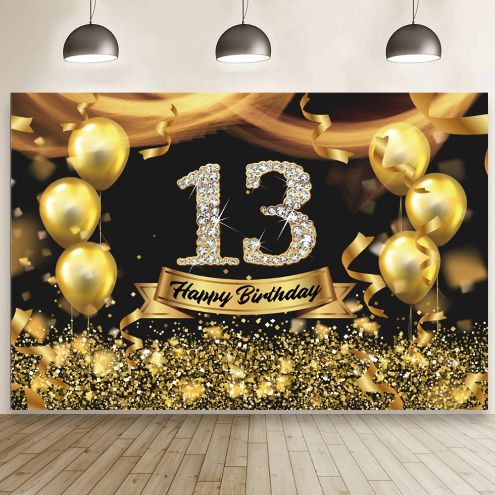 

13th Birthday Backdrop Gold Balloon Boys Girls 13 Years Old Birthday Party Photography Background Photo Studio Prop Banner